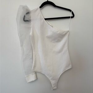 Pants Store White One-Shoulder Bodysuit with Sheer Sleeve